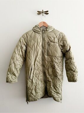 H&M Olive Green Quilted Long Zip Up Hooded Coat kids 14 years